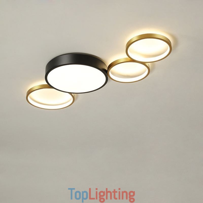 4 Rings Flush Mount Ceiling Light Unique Black+Gold Lampshade Lighting