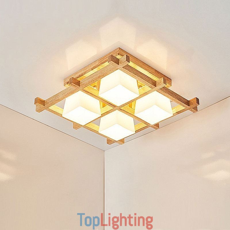 Nordic Square Grid Flush Mount Ceiling Light Rubber Wood Light
