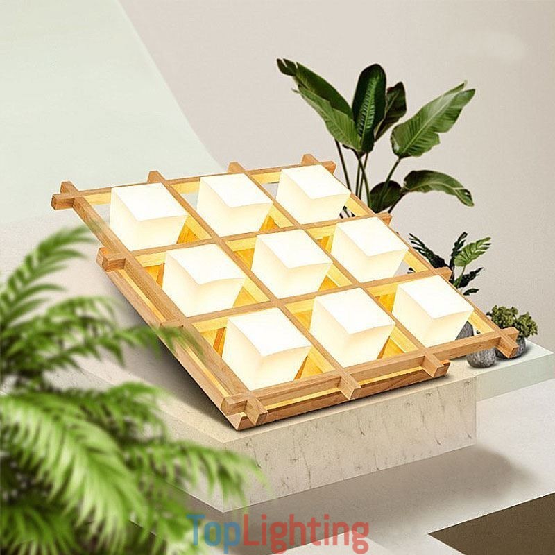 Nordic Square Grid Flush Mount Ceiling Light Rubber Wood Light