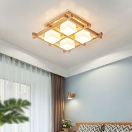 Nordic Square Grid Flush Mount Ceiling Light Rubber Wood Light