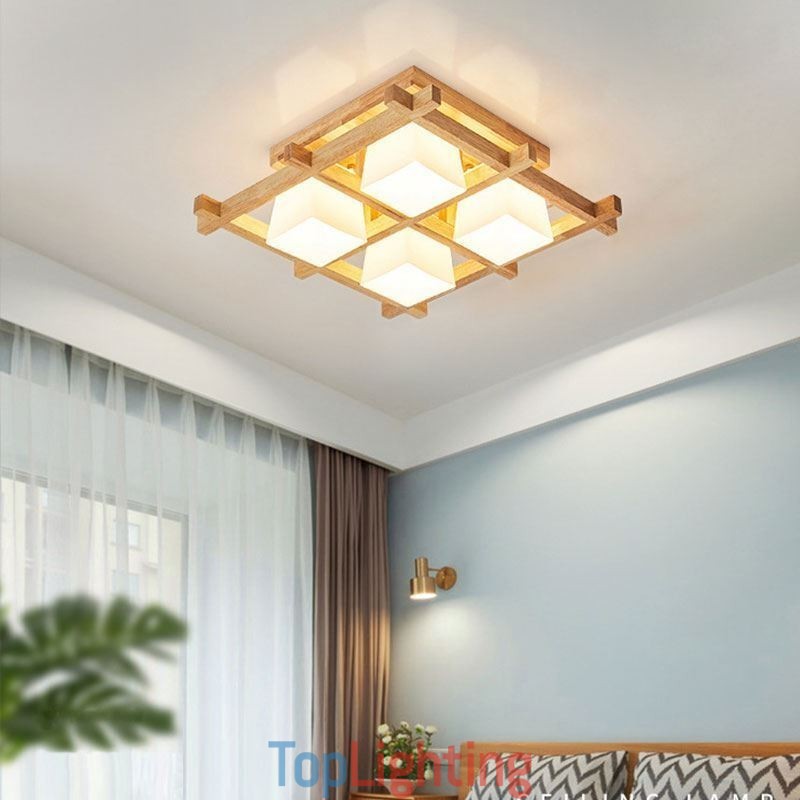 Nordic Square Grid Flush Mount Ceiling Light Rubber Wood Light