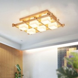 Nordic Square Grid Flush Mount Ceiling Light Rubber Wood Light