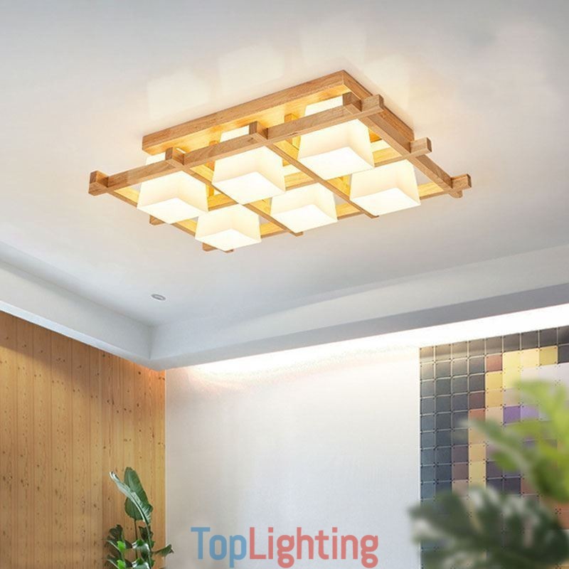 Nordic Square Grid Flush Mount Ceiling Light Rubber Wood Light