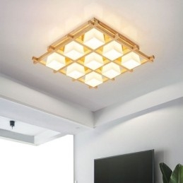 Nordic Square Grid Flush Mount Ceiling Light Rubber Wood Light