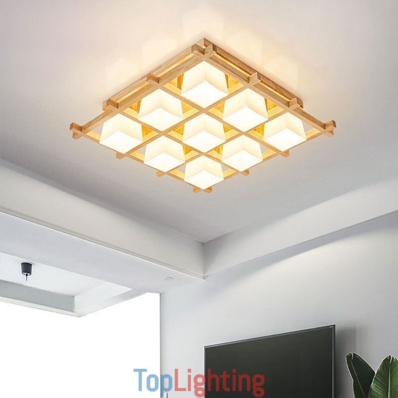 Nordic Square Grid Flush Mount Ceiling Light Rubber Wood Light