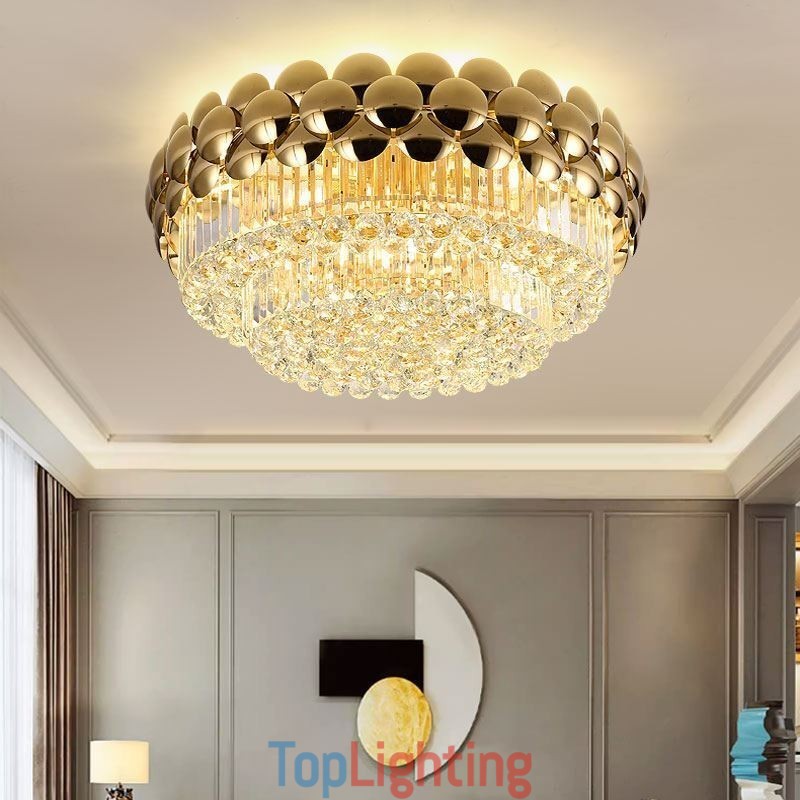 Crystal Flush Mount Round Electroplated Gold Luxury Decrative Ceiling Light 80cm