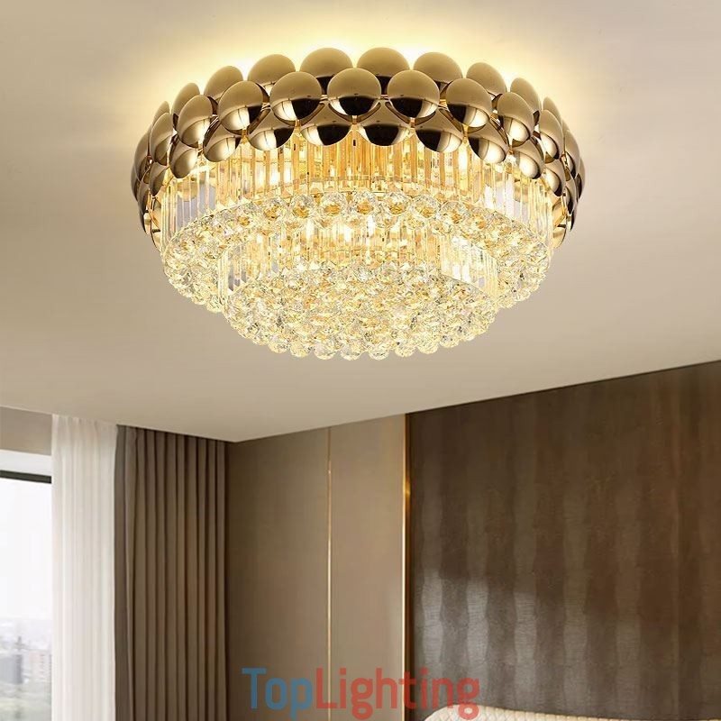 Crystal Flush Mount Round Electroplated Gold Luxury Decrative Ceiling Light 80cm