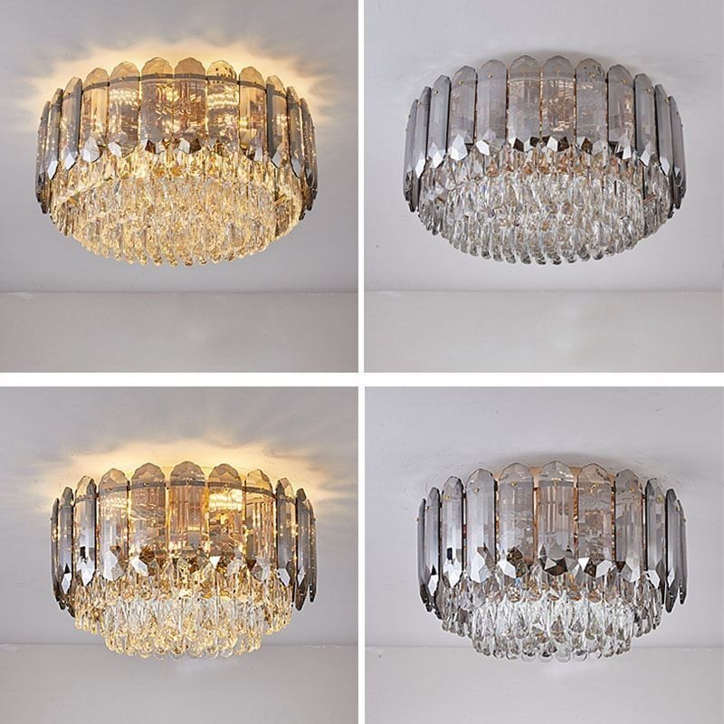 Crystal Flush Mount Smoky Gray Round Crystal Decoration Ceiling Light