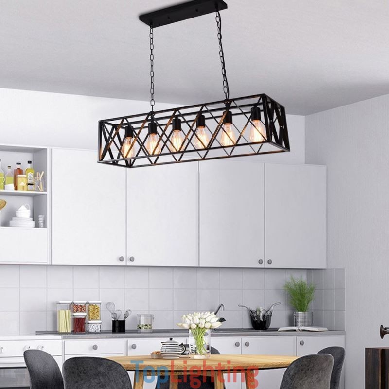 Rustic Rectangular Pendant Light 6 Light Farmhouse Hanging Light