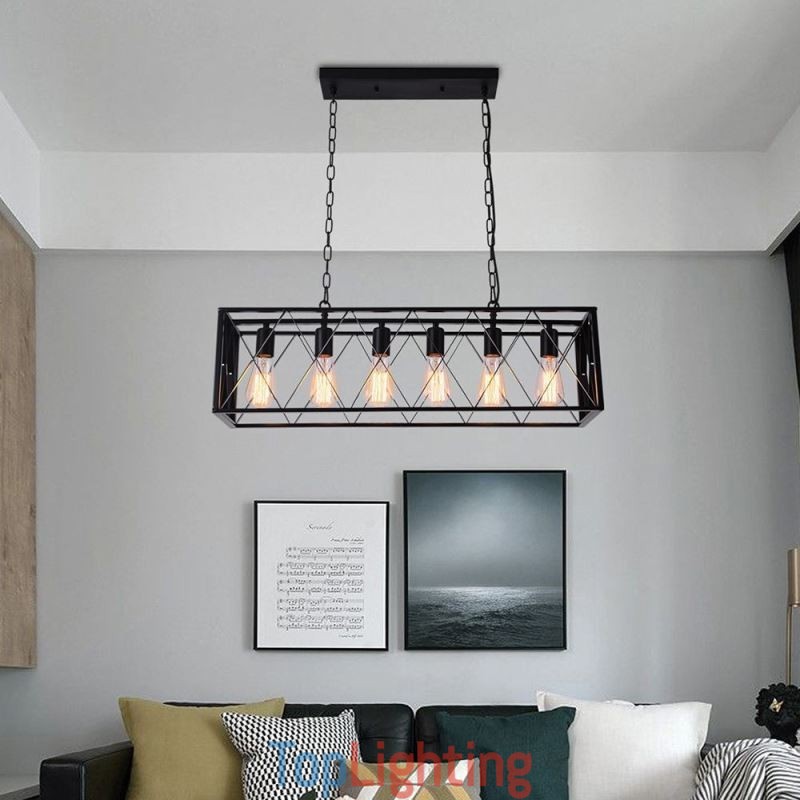 Rustic Rectangular Pendant Light 6 Light Farmhouse Hanging Light