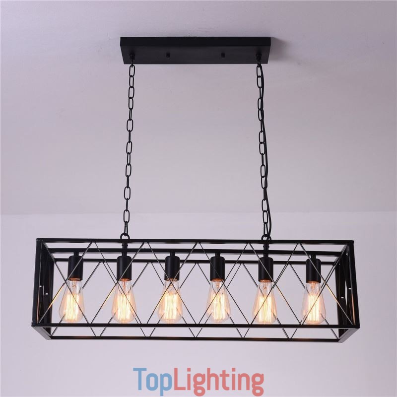 Rustic Rectangular Pendant Light 6 Light Farmhouse Hanging Light