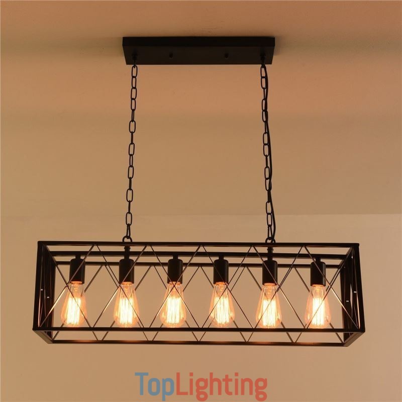 Rustic Rectangular Pendant Light 6 Light Farmhouse Hanging Light
