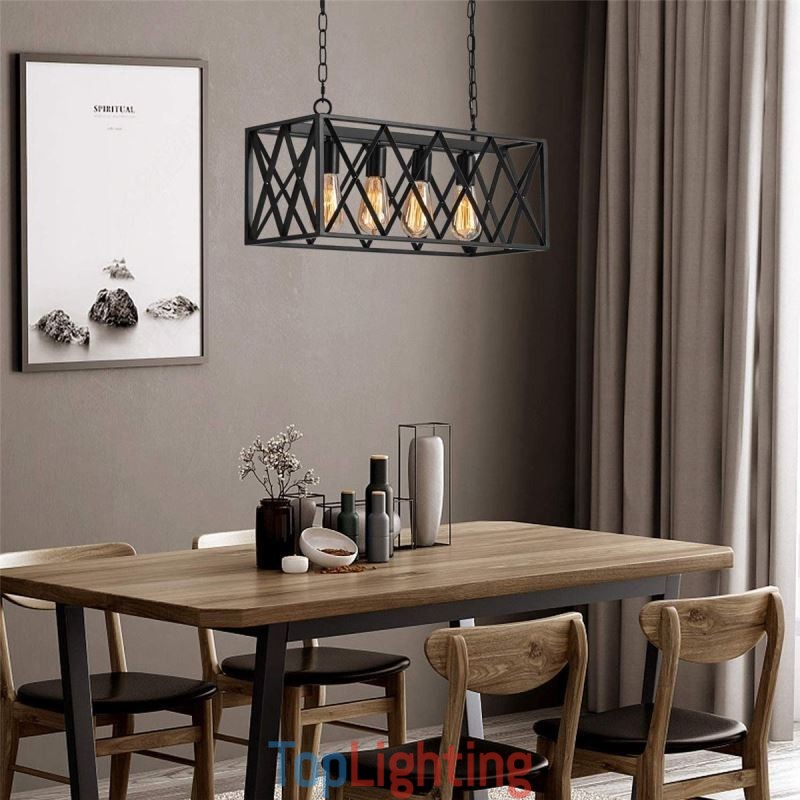 Rustic Rectangular Pendant Light 4 Light Farmhouse Hanging Light