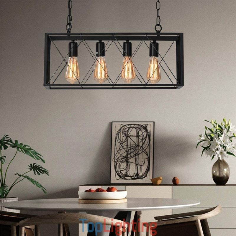 Rustic Rectangular Pendant Light 4 Light Farmhouse Hanging Light