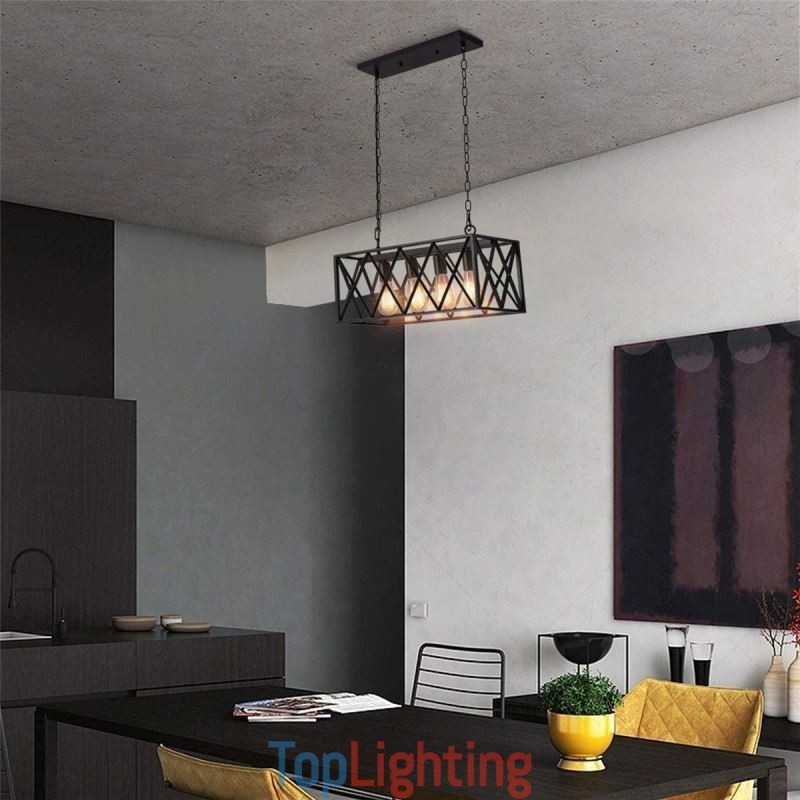 Rustic Rectangular Pendant Light 4 Light Farmhouse Hanging Light