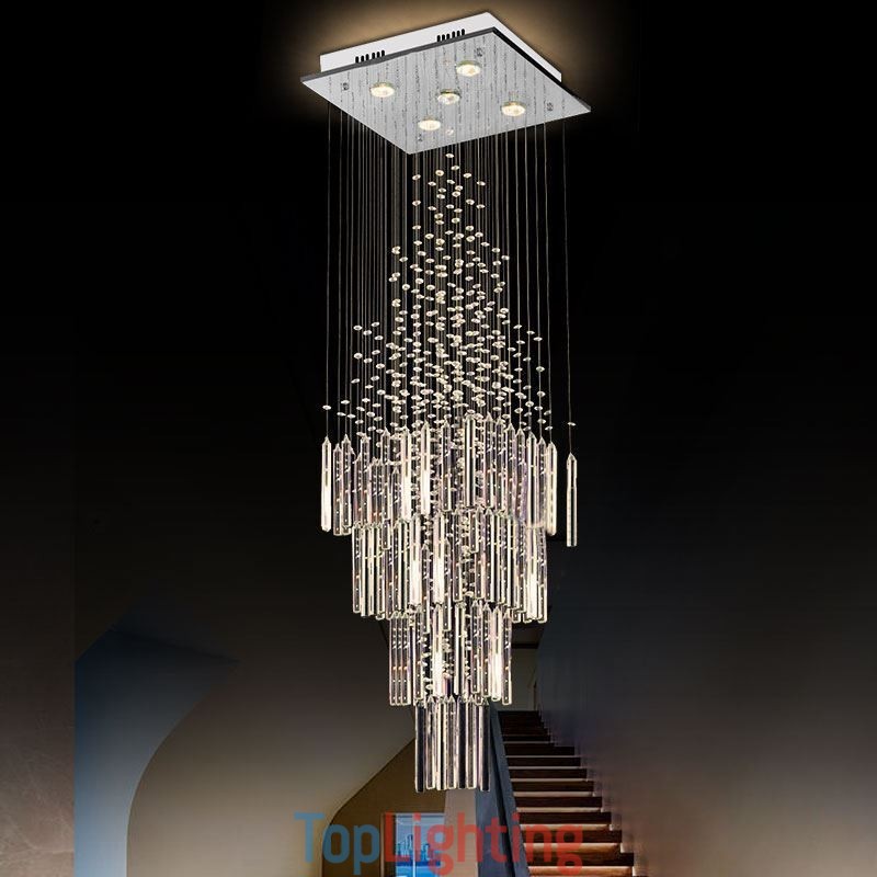 Modern Square Crystal Chandelier Contemporary Elegant Ceiling Light Fixture Duplex Stair