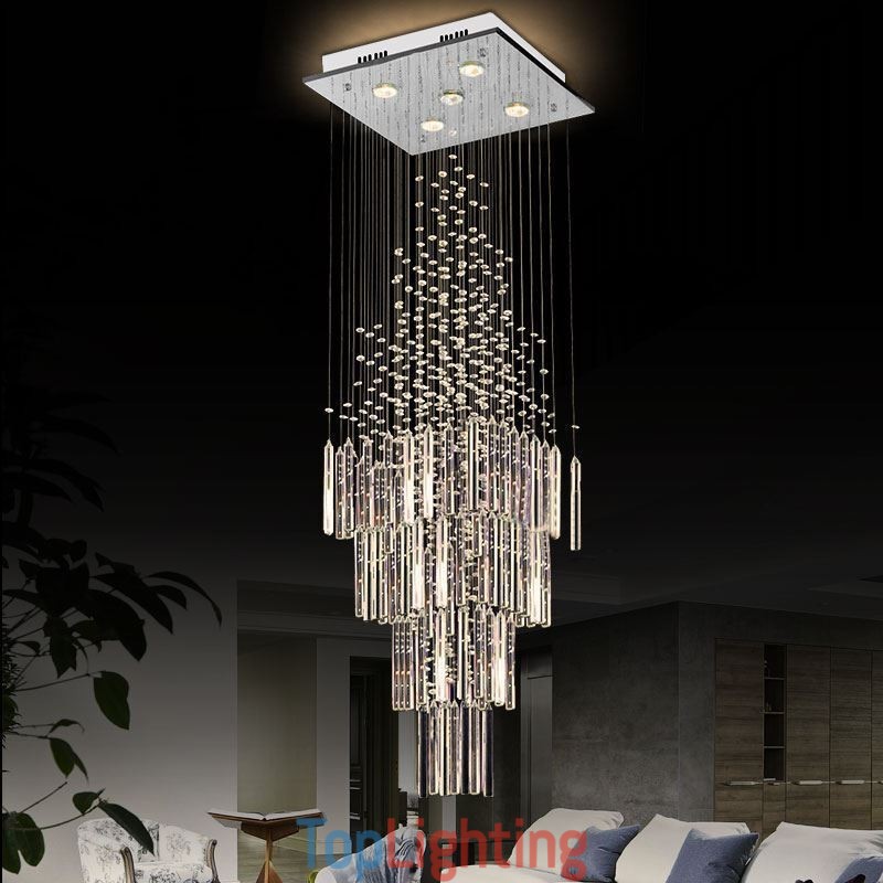 Modern Square Crystal Chandelier Contemporary Elegant Ceiling Light Fixture Duplex Stair