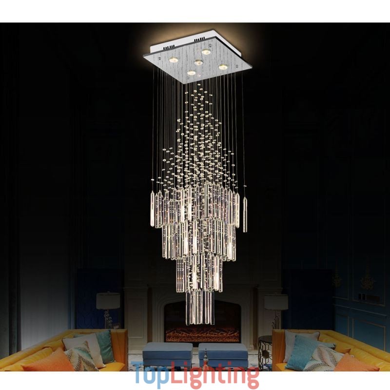 Modern Square Crystal Chandelier Contemporary Elegant Ceiling Light Fixture Duplex Stair