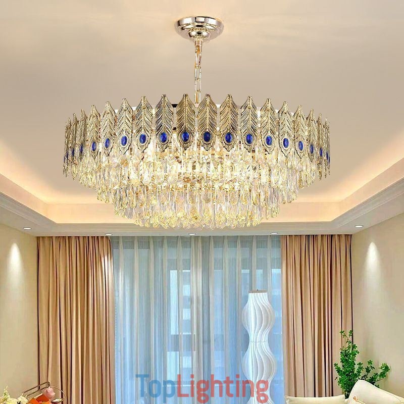 Golden Feather Crystal Pendant Light Duplex Decorative Ceiling Light