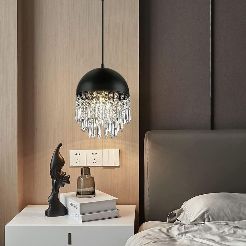 Crystal Pendant Tassel Ceiling Light Black Pot Lid Lampshade