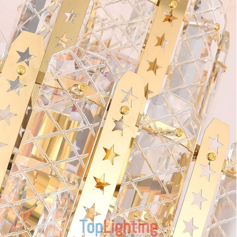 Crystal Pendant Light 4th Floor Luxury Decrative Ceiling Light with Golden Hollow Iron Sheet