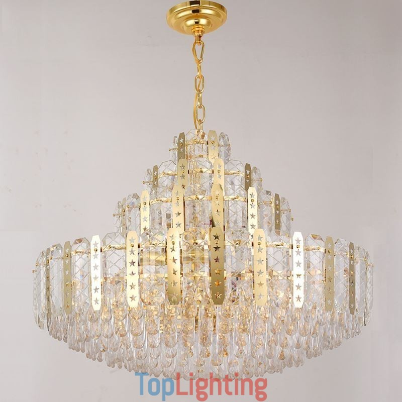 Crystal Pendant Light 4th Floor Luxury Decrative Ceiling Light with Golden Hollow Iron Sheet