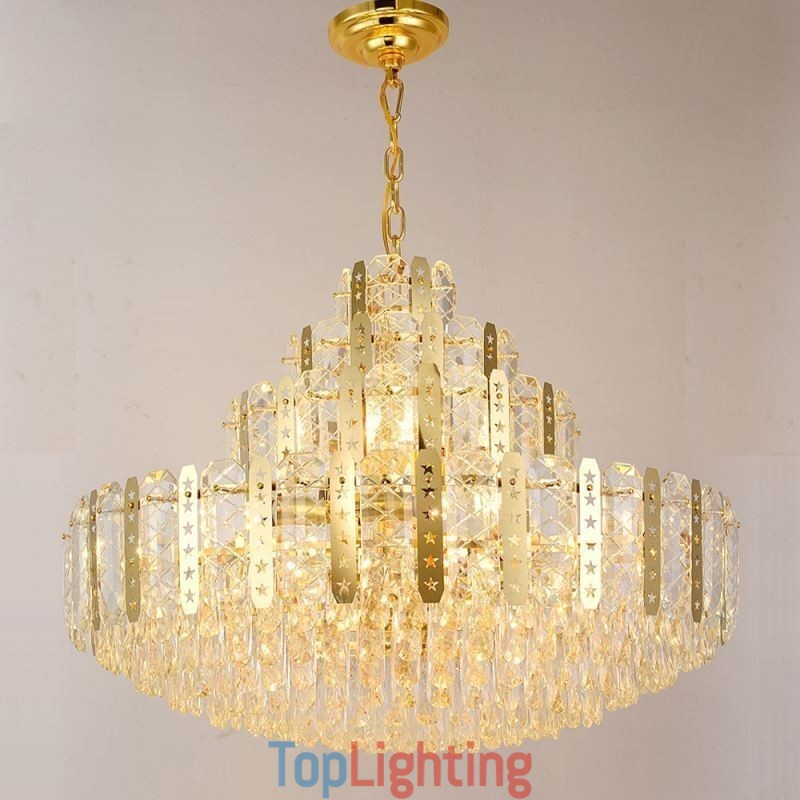 Crystal Pendant Light 4th Floor Luxury Decrative Ceiling Light with Golden Hollow Iron Sheet