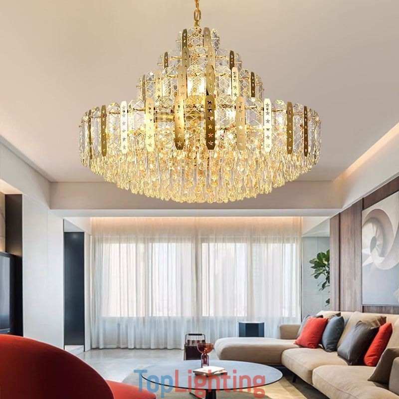 Crystal Pendant Light 4th Floor Luxury Decrative Ceiling Light with Golden Hollow Iron Sheet