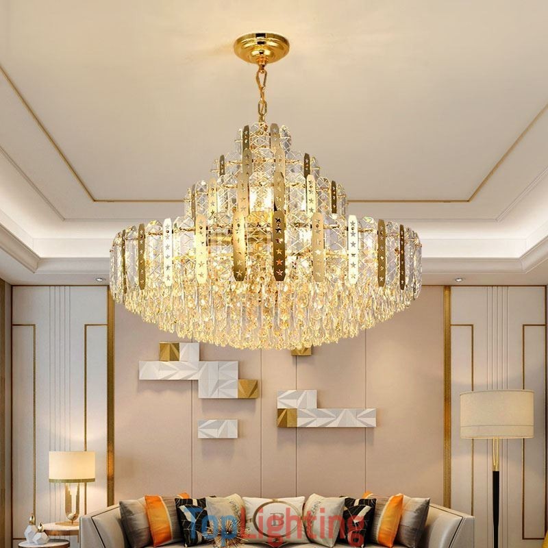 Crystal Pendant Light 4th Floor Luxury Decrative Ceiling Light with Golden Hollow Iron Sheet