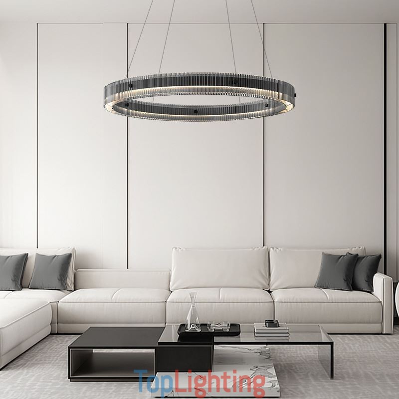 Glass Pendant Light 60 80CM Circle Ceiling Light Stepless Dimmable With Remote Control