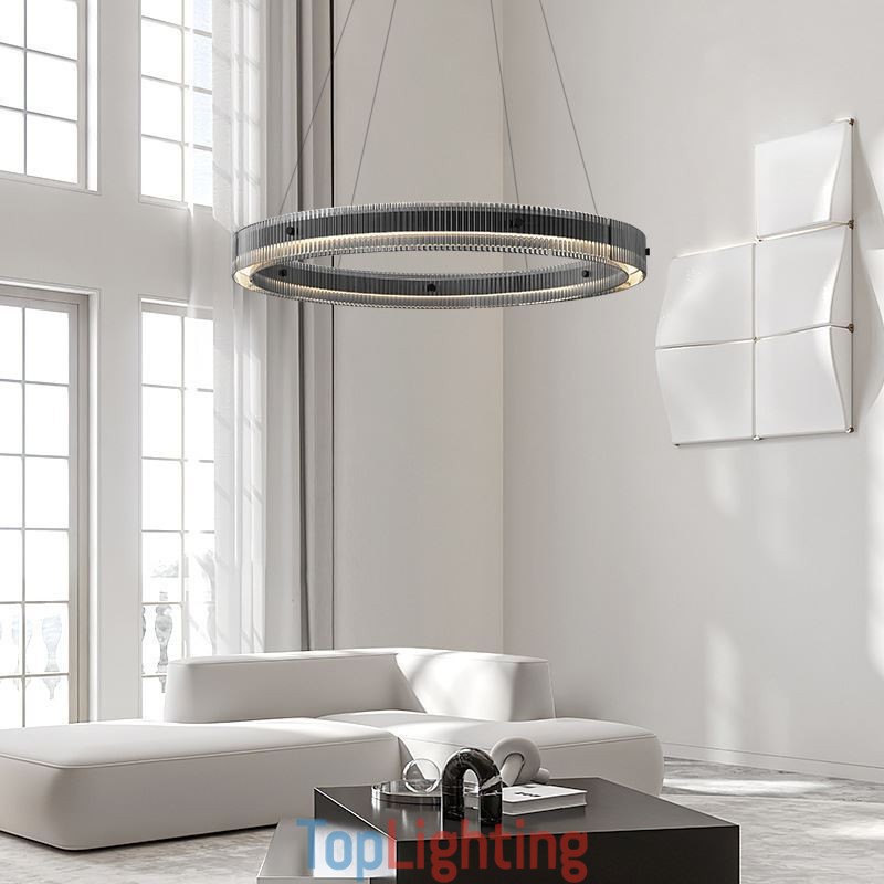 Glass Pendant Light 60 80CM Circle Ceiling Light Stepless Dimmable With Remote Control