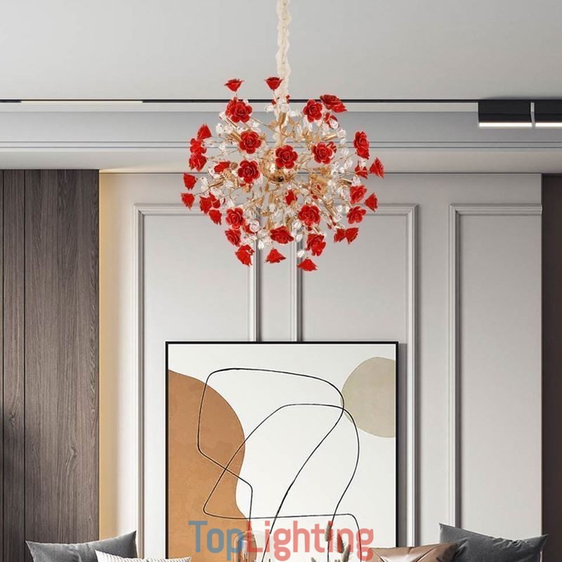 Luxury Pendant Light Ceramic Red Flower Chandelier