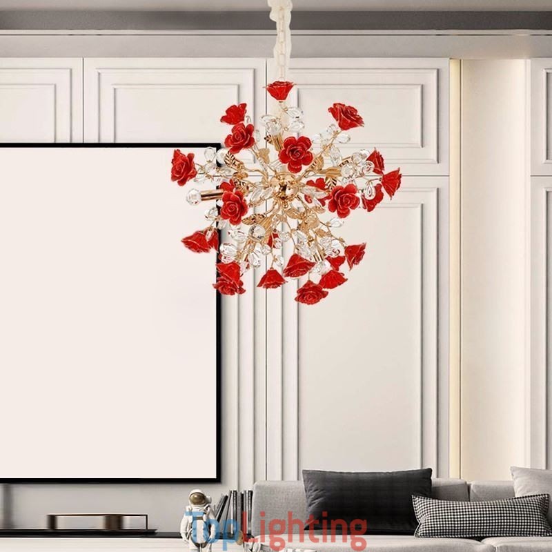 Luxury Pendant Light Ceramic Red Flower Chandelier