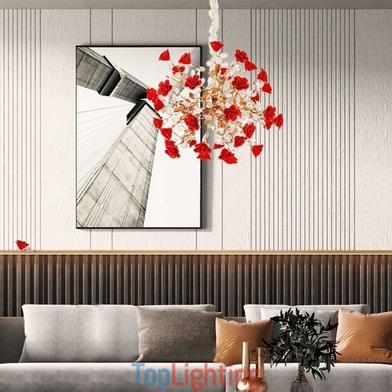 Luxury Pendant Light Ceramic Red Flower Chandelier