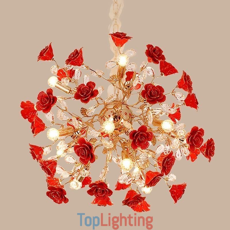 Luxury Pendant Light Ceramic Red Flower Chandelier
