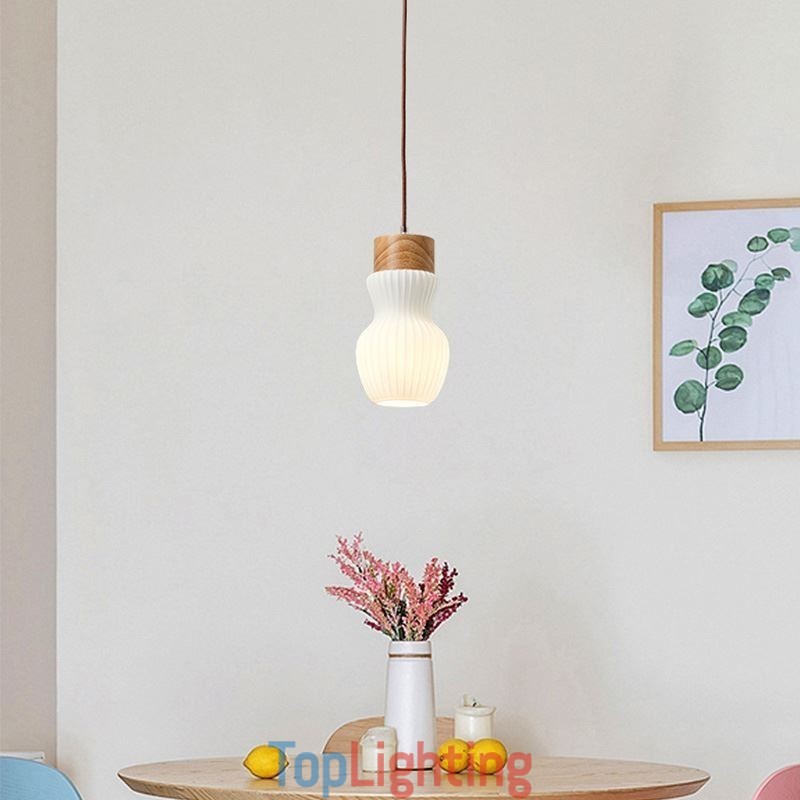 Japanese Wood Pendant Light Glass Kettle Hanging Light