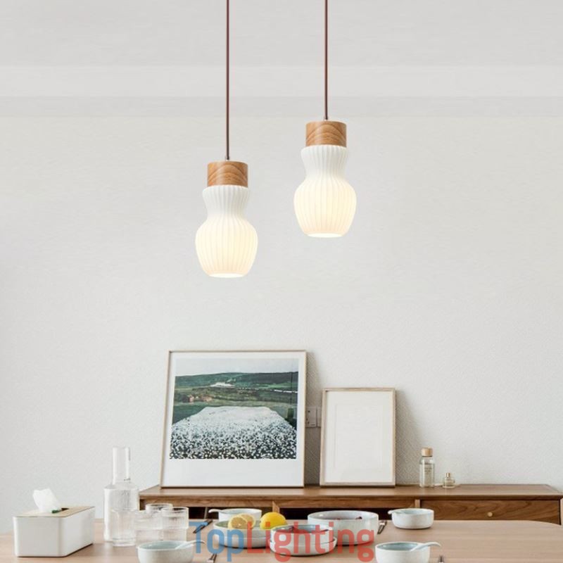 Japanese Wood Pendant Light Glass Kettle Hanging Light