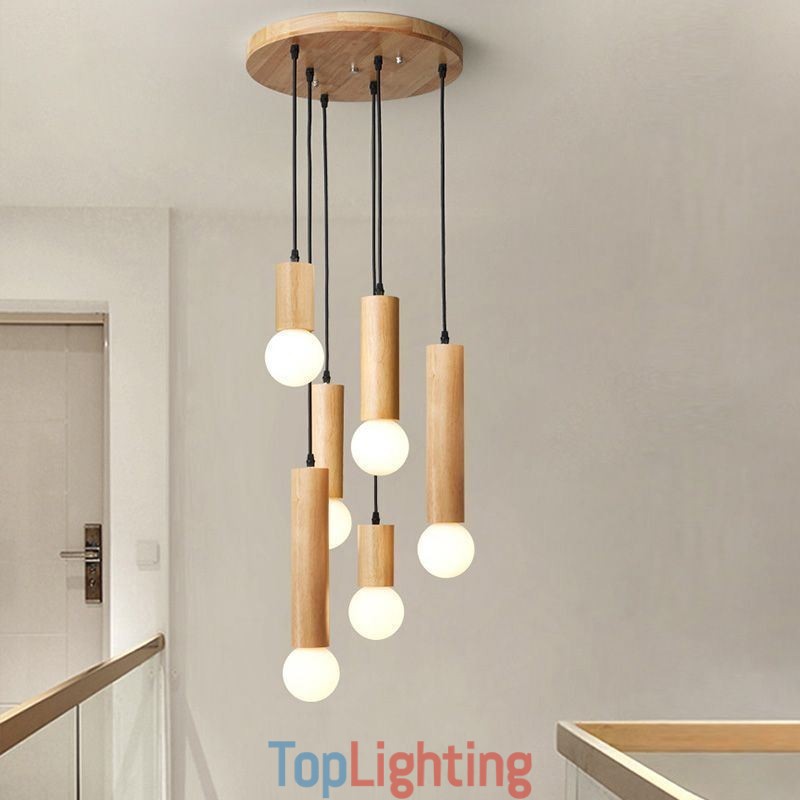 Japanese Wood Pendant Light 6 Lights Hanging Light
