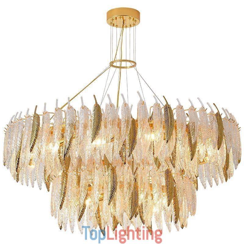 Artistic Glass Chandelier Feather Round Ceiling Light