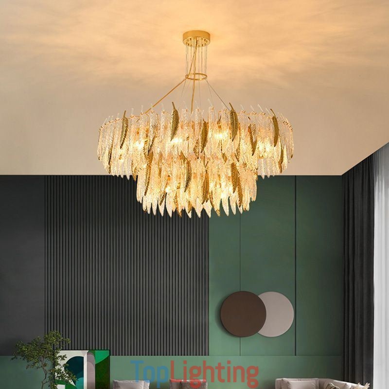 Artistic Glass Chandelier Feather Round Ceiling Light
