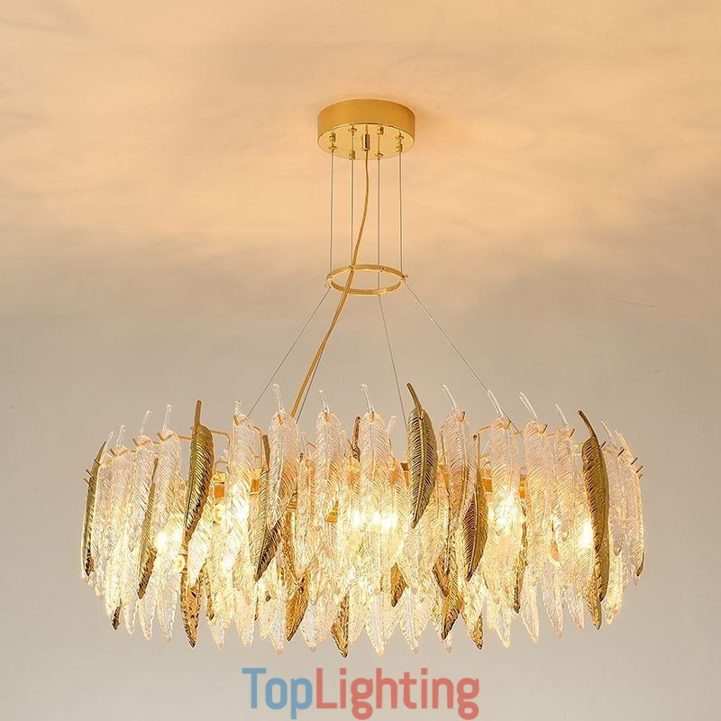 Artistic Glass Chandelier Feather Round Ceiling Light