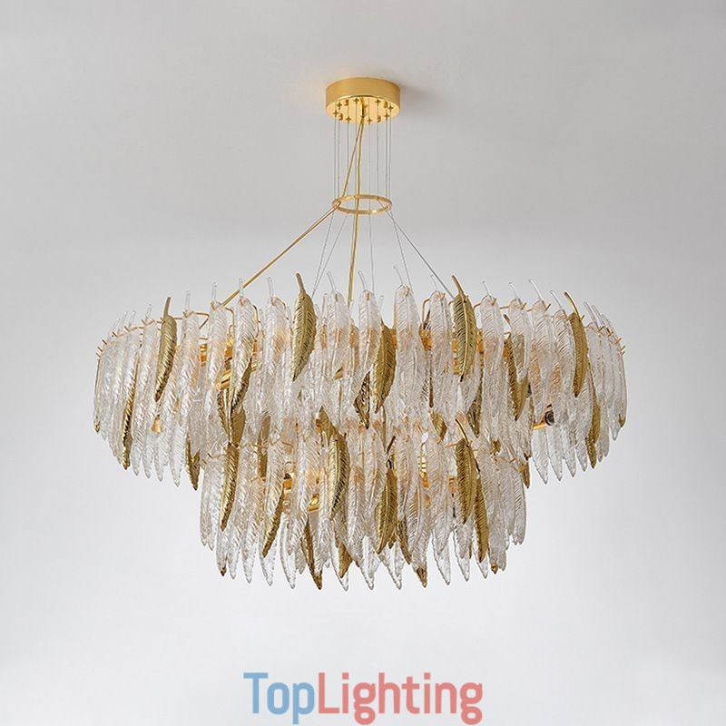 Artistic Glass Chandelier Feather Round Ceiling Light