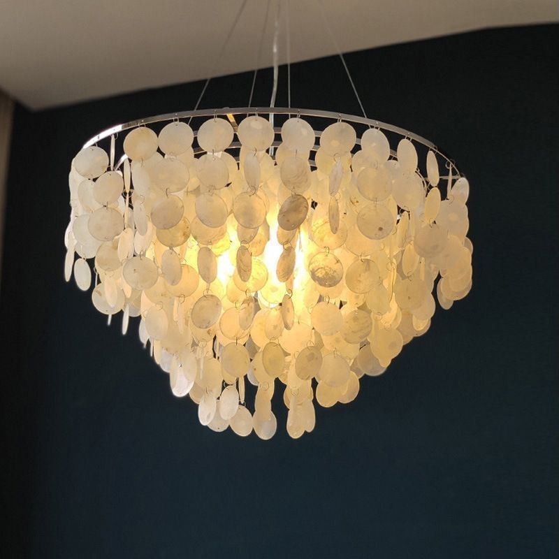 Capiz Shell Pendant Light Natural Hanging Round Layered Chandelier