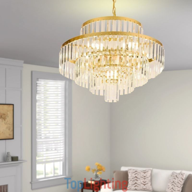Gold Crystal Pendant Light 4 Tiers Ceiling Lighting 7 Lights