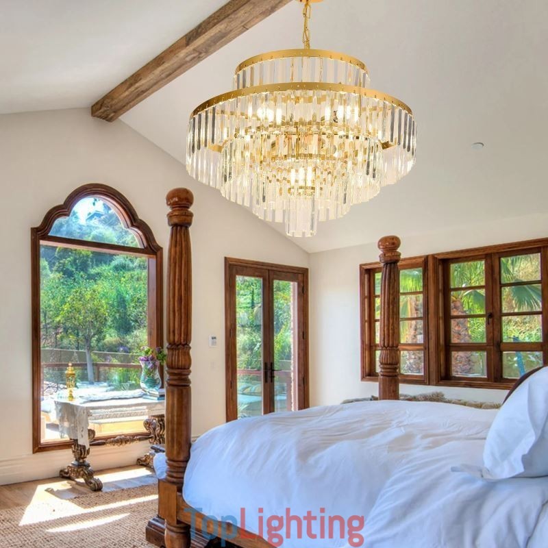 Gold Crystal Pendant Light 4 Tiers Ceiling Lighting 7 Lights