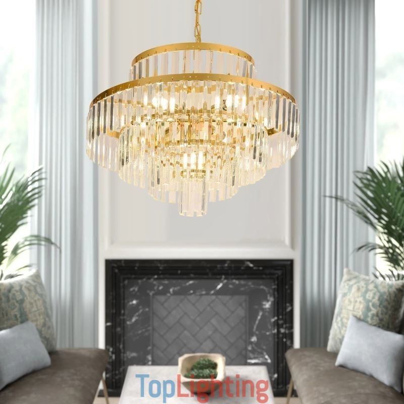 Gold Crystal Pendant Light 4 Tiers Ceiling Lighting 7 Lights