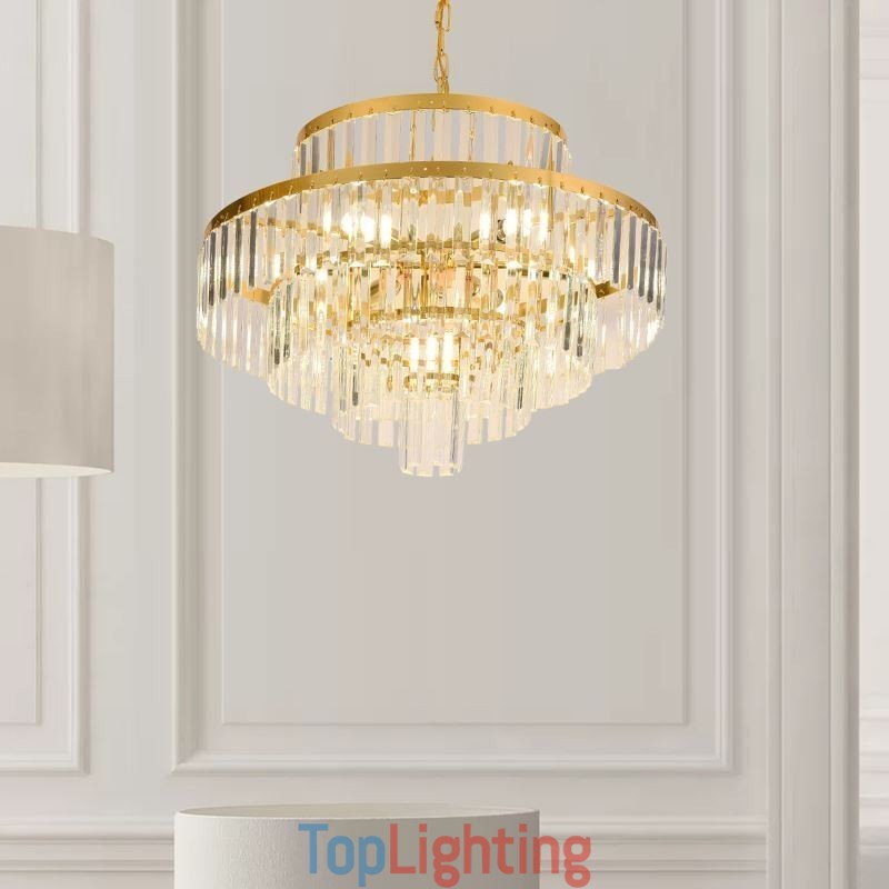 Gold Crystal Pendant Light 4 Tiers Ceiling Lighting 7 Lights