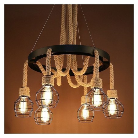 Retro Style 6 Heads Pendant Light Hemp Rope Chandelier With Iron Lampshade Retro Style 6 Heads Pendant Light Hemp Rope Chandelier With Iron Lampshade