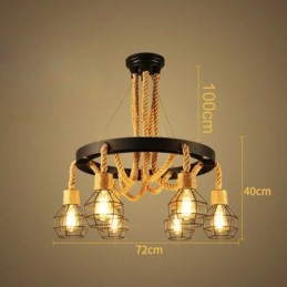 Retro Style 6 Heads Pendant Light Hemp Rope Chandelier With Iron Lampshade