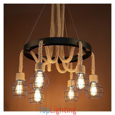 Retro Style 6 Heads Pendant Light Hemp Rope Chandelier With Iron Lampshade Retro Style 6 Heads Pendant Light Hemp Rope Chandelier With Iron Lampshade